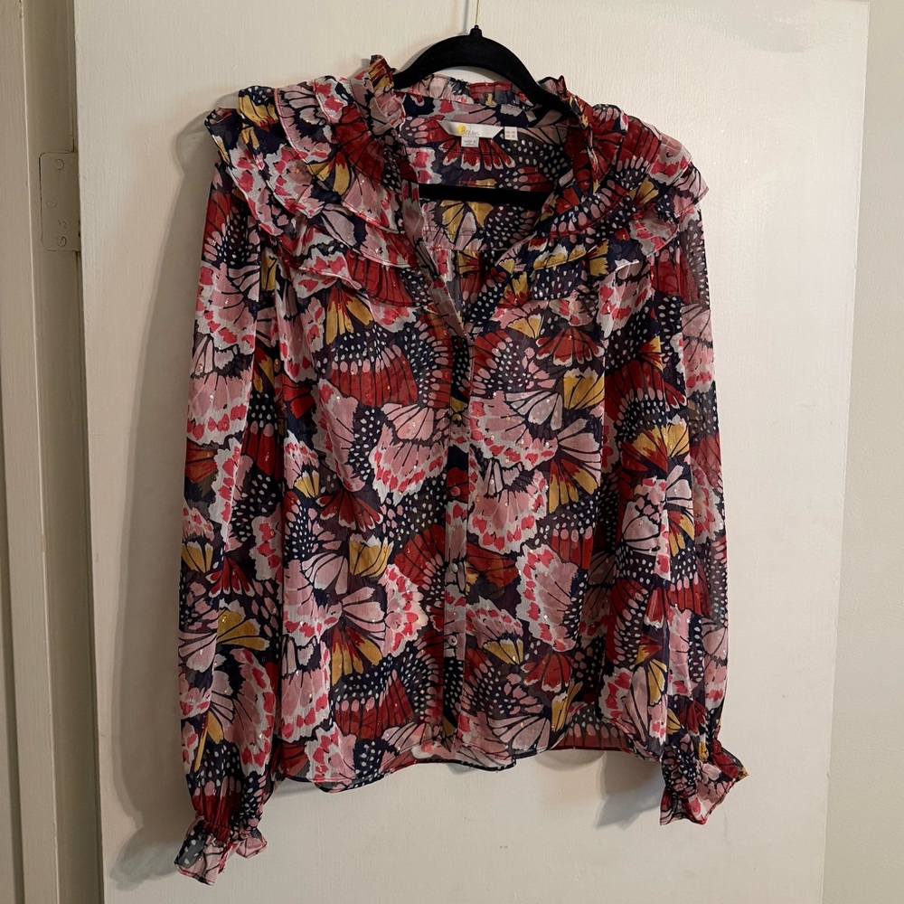 Boden Sheer Ruffle Blouse in Navy, Pink, Red multicolor